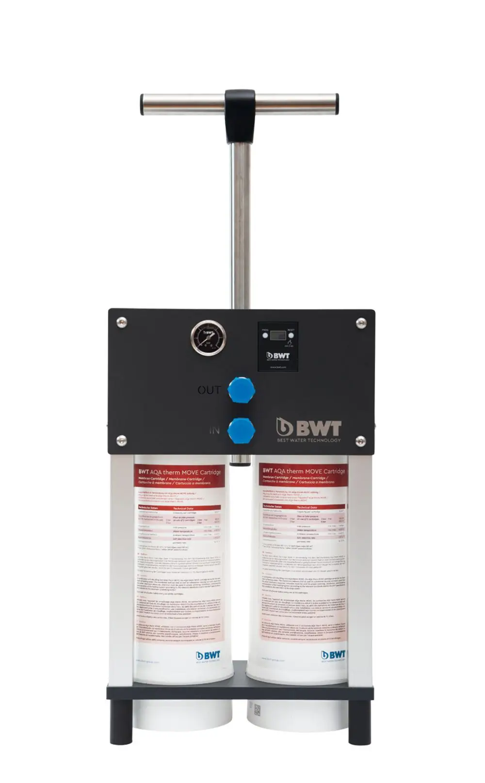 Gerät zur Heizungsbefüllung mit zwei Kartuschen, Druckanzeige und steuerbaren Anschlüssen, hergestellt von BWT.
